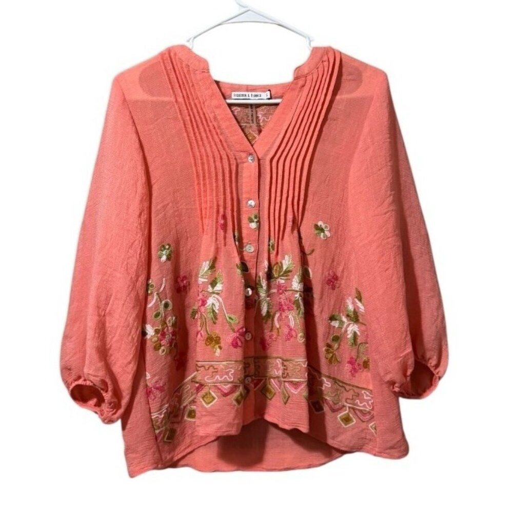 Figueroa & Flower Women Size Small Embroidered Button Down Tunic Top Boho Hippie
